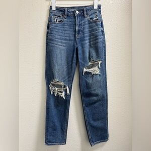 American Eagle Mom Straight Jeans Distressed Denim Stretch Blue Women's 0 Reg